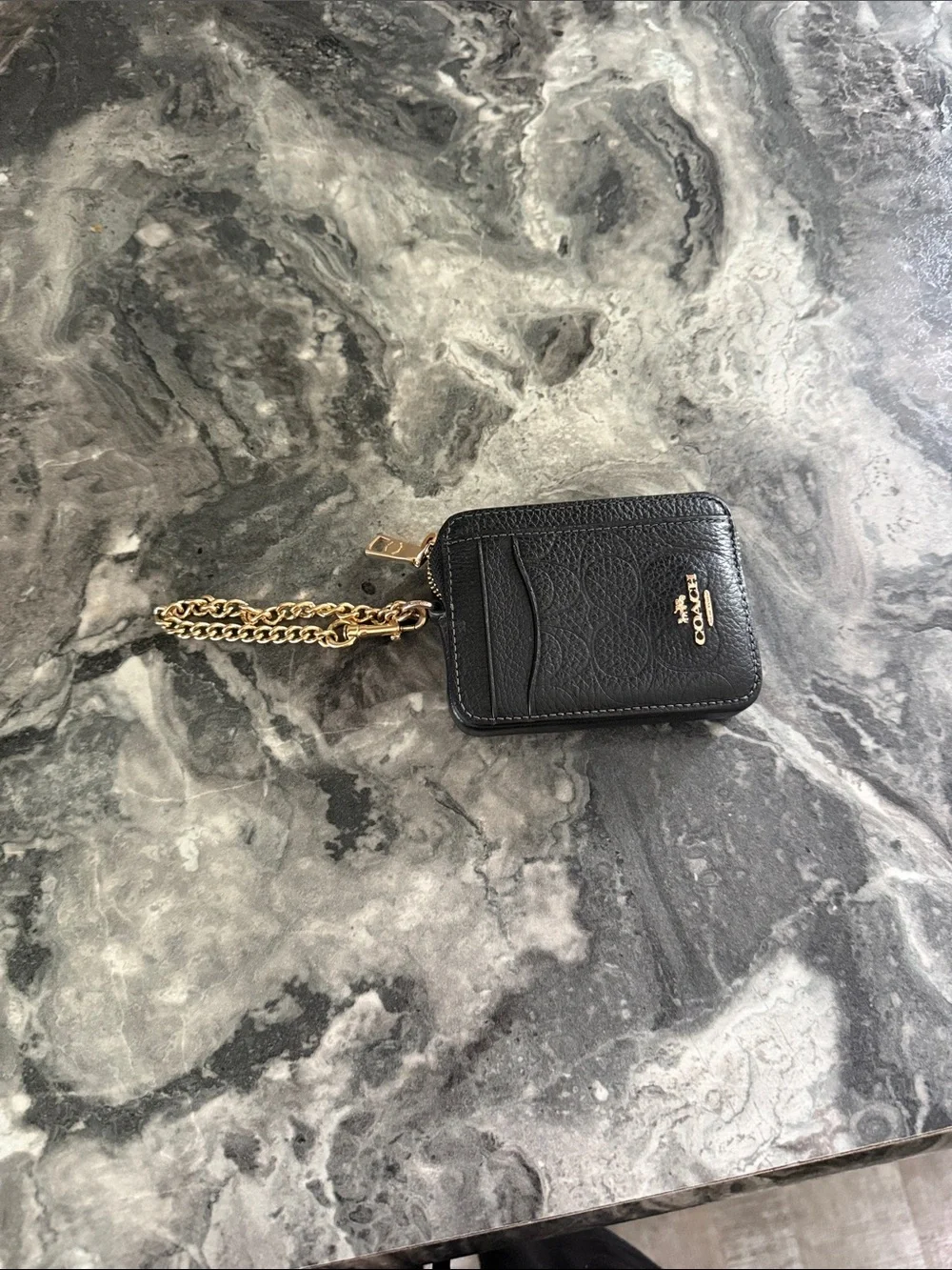 Coach Black Leather ID Card Holder with Gold Chain Accent